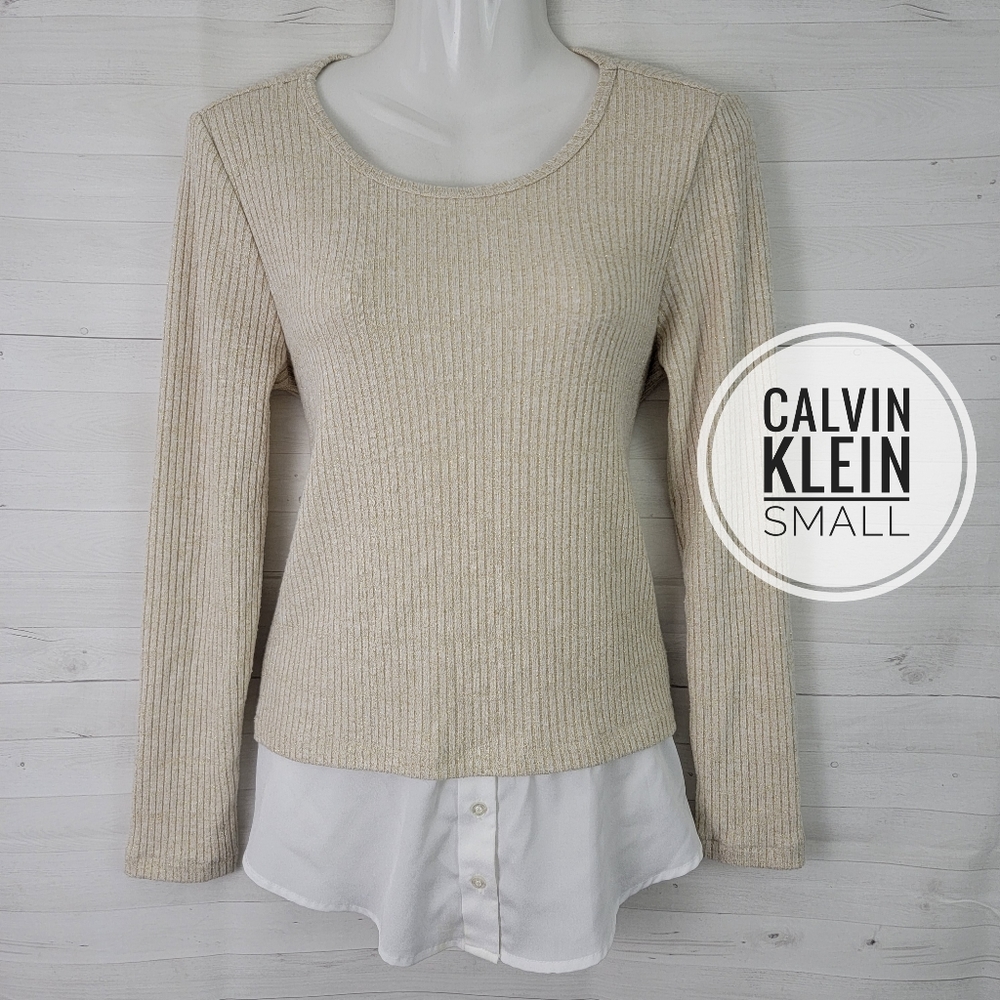 Small Calvin Klein Gold Ribbed Stretch Sweater Top - Picture 1 of 6